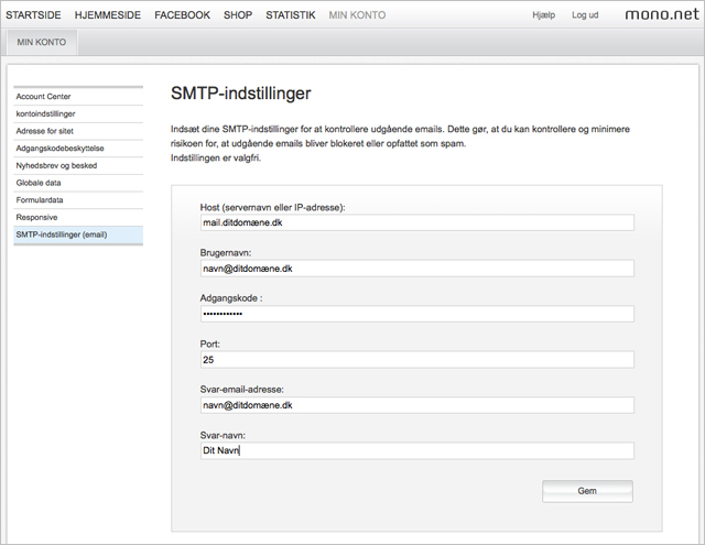 SMTP indstillinger i mono.net